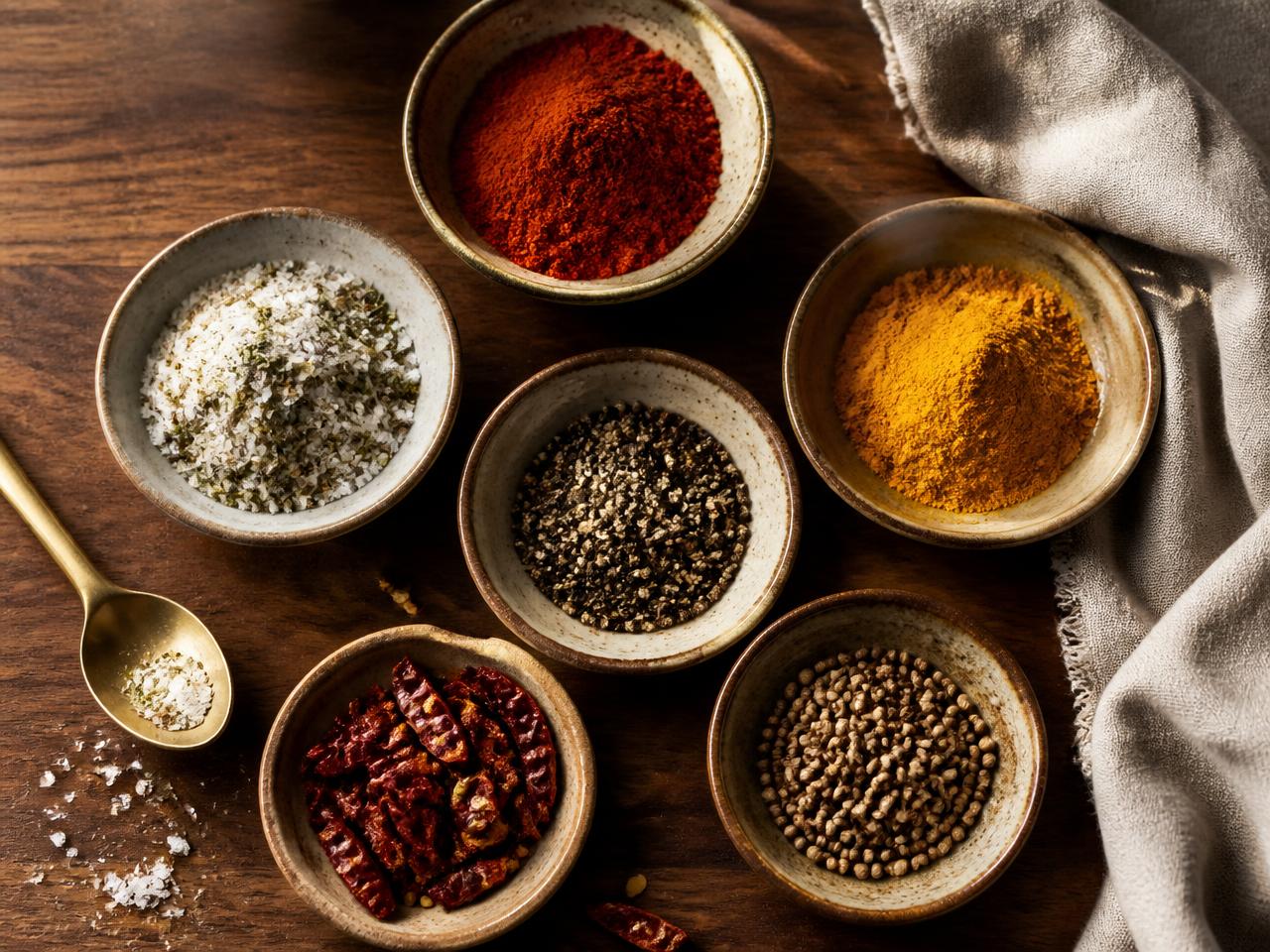 Bowls of small-batch seasoning blends, whole spices and herbs on a warm wooden surface